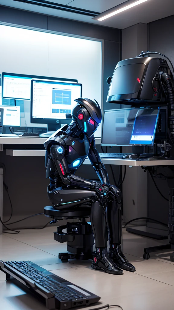 Black robot sitting on the floor typing on a computer looking at the computer screen 