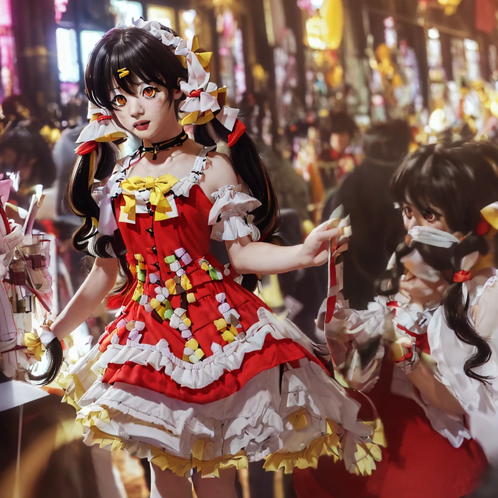 kurumi tokisaki astral dress, (tokisaki kurumi:1.2), long hair, black hair, (red eyes:1.3), (twintails:1.5), (yellow eyes:1.3), hairband, (heterochromia:1.5), dress, (red dress:1.5), bare shoulders, collarbone, choker, bowtie, red bowtie, detached sleeves, corset, frills,