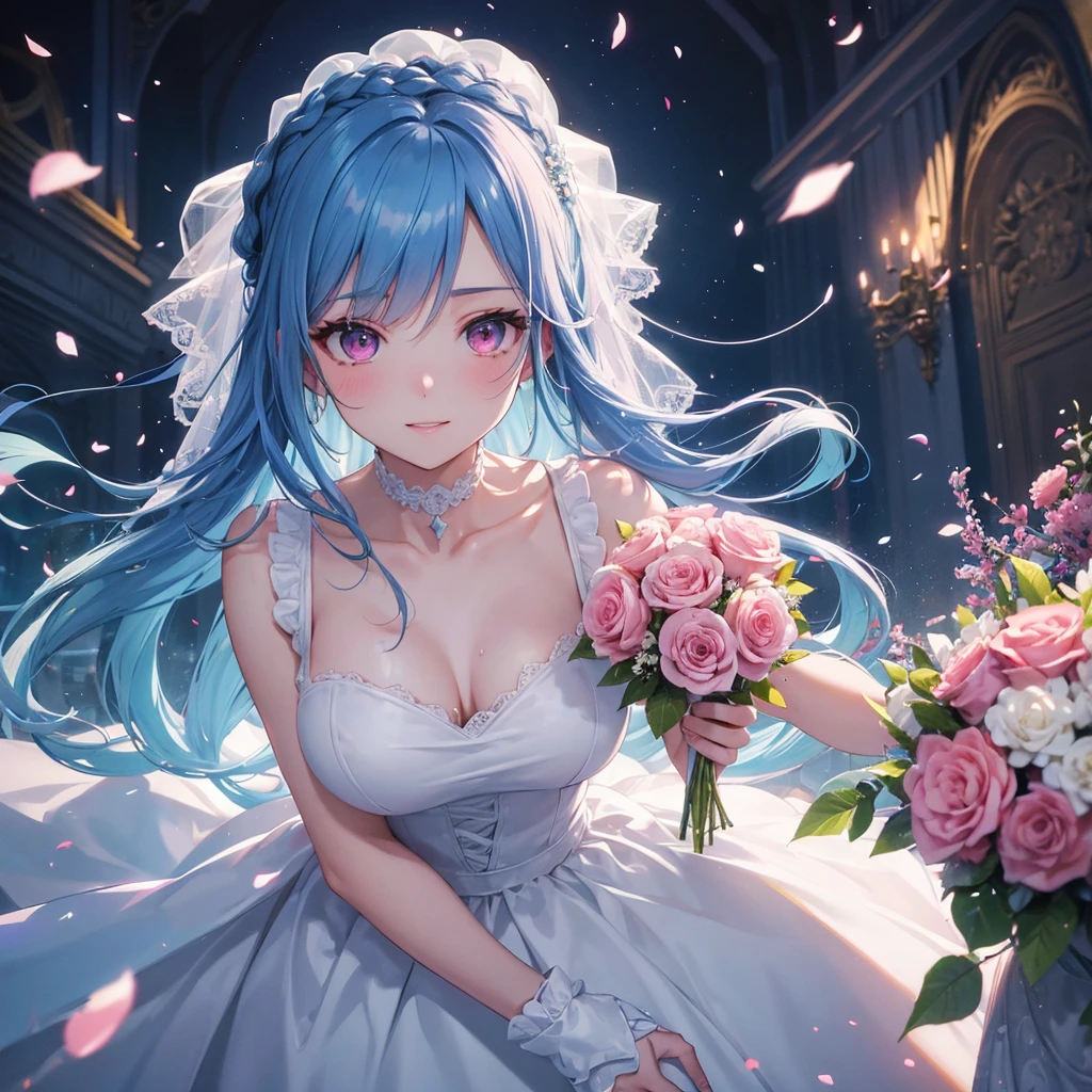 Sky blue hair, (Braided Ponytail),(Pink Eyes),Fair skin ,(whole body),(One girl),bride,A big smile,Straight bangs, 6月のbride,Wedding dress,(masterpiece, Highest quality, Very detailed, Best Shadow), (Detailed Background), (Beautifully detailed face), High Contrast, (Best lighting, Very delicate and beautiful), ((Cinematic Light)), colorful, Hyper Detail, Dramatic Light, Intricate details,Chapel background,Bouquet of roses