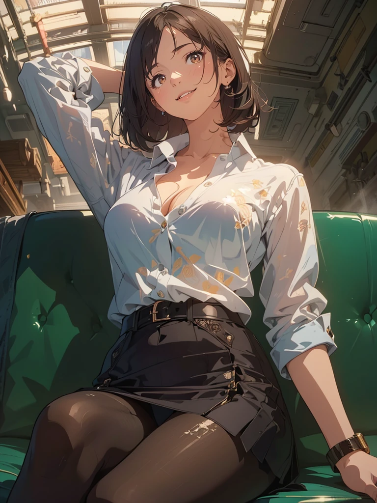 (masterpiece), (best quality), (ultra-detailed), (best illustration), (best shadow), (absurdres), Female, 25 years old, looking at viewer, steam, nsfw, light smile, medium breasts, cleavage, pantyhose,