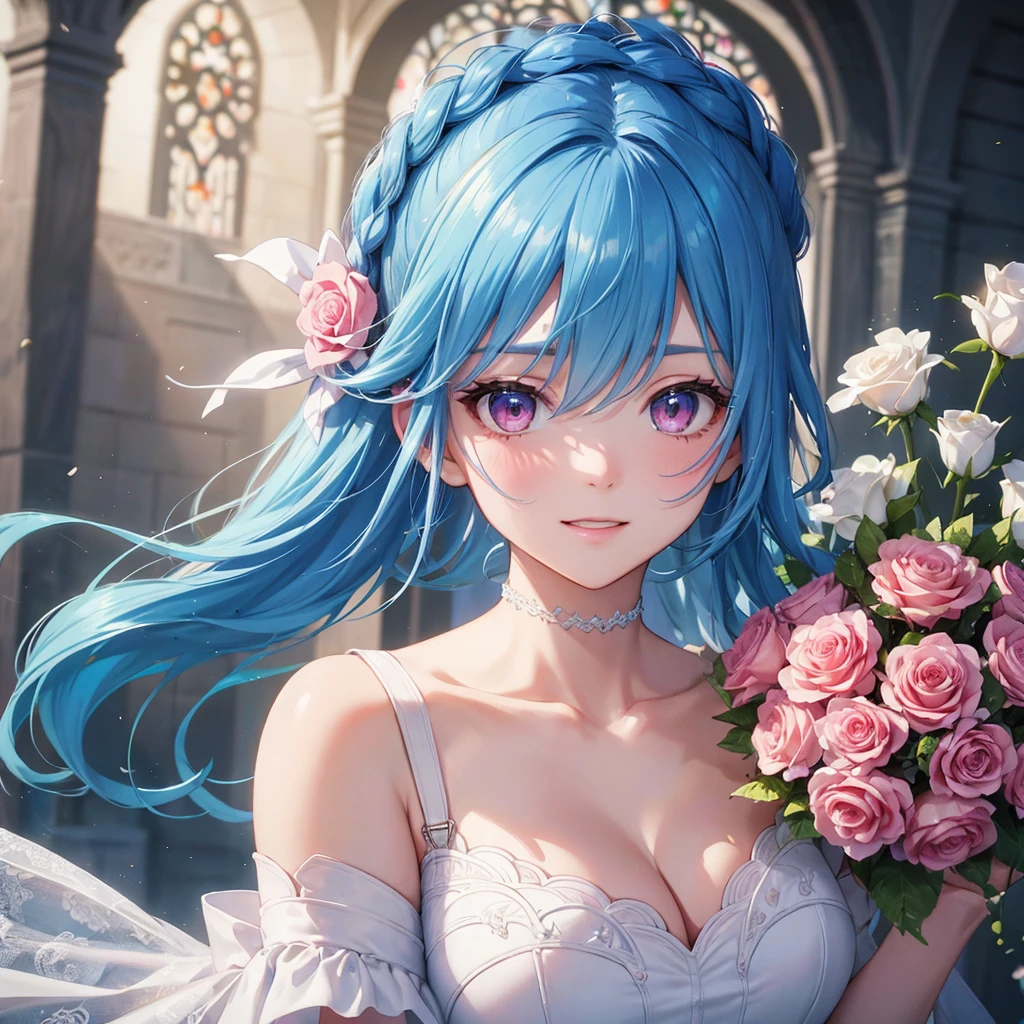 Sky blue hair, (Braided Ponytail),(Pink Eyes),Fair skin ,(whole body),(One girl),bride,A big smile,Straight bangs, 6月のbride,Wedding dress,(masterpiece, Highest quality, Very detailed, Best Shadow), (Detailed Background), (Beautifully detailed face), High Contrast, (Best lighting, Very delicate and beautiful), ((Cinematic Light)), colorful, Hyper Detail, Dramatic Light, Intricate details,Chapel background,Bouquet of roses