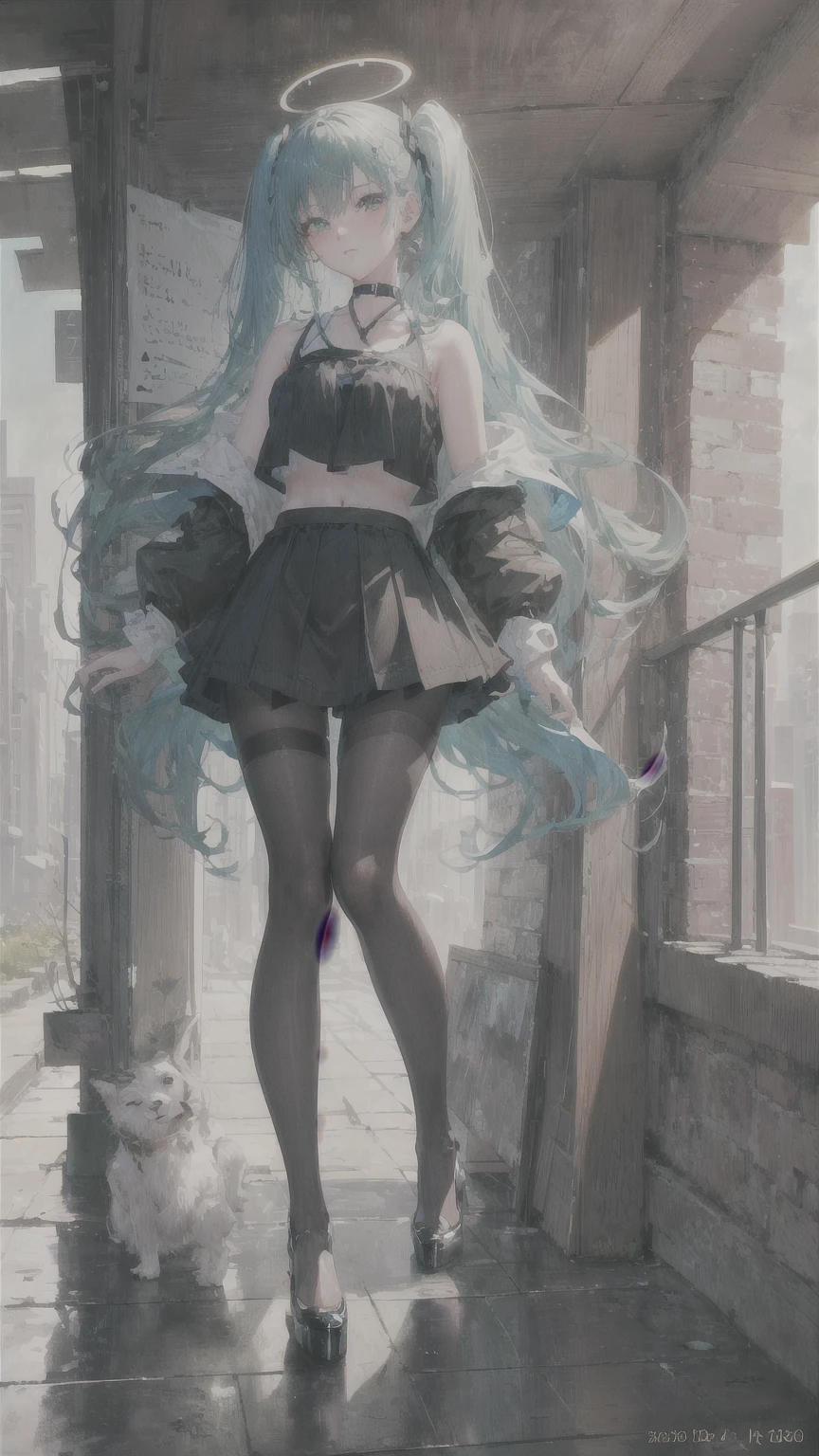 (QUALITY:0)
8k, 8k wallpaper, (an extremely delicate and beautiful:1.1), (beautiful detailed eyes:1.3), (best illustration:1.1), (best quality:1.3), (best shadow:1.1), (cinematic lighting:1.2), detailed eyes, (detailed_light:1.1), (dreamy:1.1), (extremely detailed CG unity 8k wallpaper:1.1), highres, (masterpiece:1.3), official_art, ray tracing, (stylized:1.3), trending on artstation, (ultra_detailed:1.2)
(STYLE & COMPOSITION:0)
1girl, (from_below, full_body:1.4), solo
(POSE & EXPRESSION:0)
blush, head_tilt, legs_apart, lips_apart, looking_at_viewer, standing, unamused
(CHARACTER:0)
aqua_eyes, aqua_hair, aqua_twintails, argyle_pantyhose, black_pantyhose, bare_shoulders, black_shirt, black_sirt, breasts_apart, crop_top, cropped_shirt, collarbone, Hatsune_Miku, high_heels, high-waist_skirt, lips, long_sleeves, makeup, (messy_hair:1.2), plaid_skirt, shiny_hair, shrug_\(clothing\), huge perky breasts, deep cleavage 1.8, thick thighs), very_long_hair
(BACKGROUND:0)
(TEXTUAL INVERSION:0)