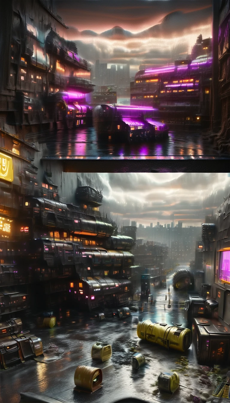 futuristic dystopian landscape, industrial city, polluted skyline, robotic architecture, decaying buildings, toxic waste, glowing neon lights, moody atmosphere, ominous clouds, warm hues, (best quality,8k,highres,masterpiece:1.2),ultra-detailed,(realistic,photorealistic,photo-realistic:1.37),cinematic lighting,dramatic shadows,concept art