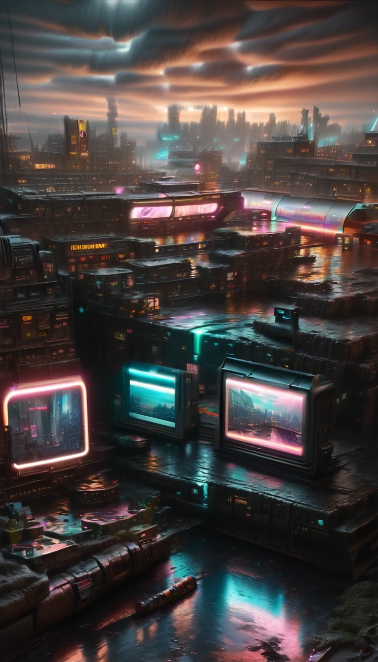 futuristic dystopian landscape, industrial city, polluted skyline, robotic architecture, decaying buildings, toxic waste, glowing neon lights, moody atmosphere, ominous clouds, warm hues, (best quality,8k,highres,masterpiece:1.2),ultra-detailed,(realistic,photorealistic,photo-realistic:1.37),cinematic lighting,dramatic shadows,concept art