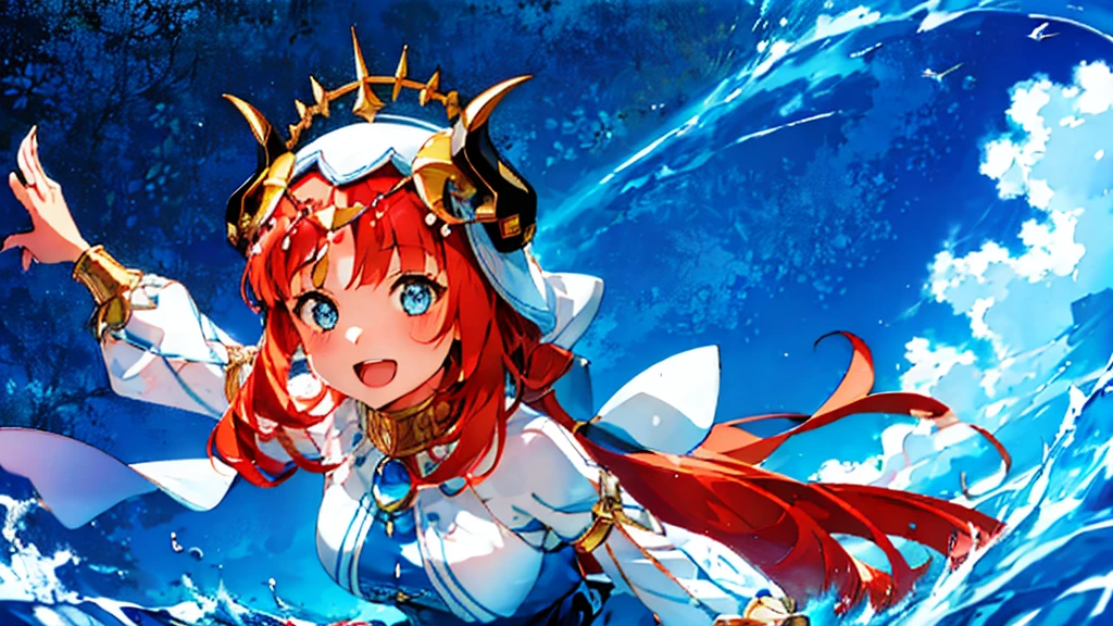 Extremely detailed representation，high quality，16K、8K、high resolution、masterpiece、1 Girl、Please open your mouth wide、Please laugh out loud、Beautiful Teeth,Look up at the starry sky,Floating on the surface of the water,Floating on water,stars shining on the water surface,Calm water surface,White Dress,Redhead,Two black horns