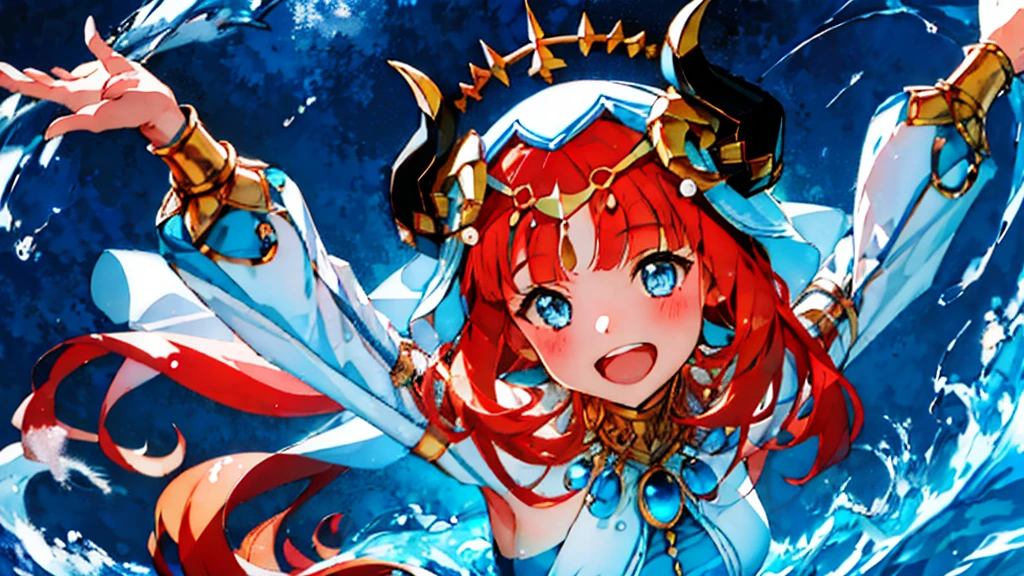 Extremely detailed representation，high quality，16K、8K、high resolution、masterpiece、1 Girl、Please open your mouth wide、Please laugh out loud、Beautiful Teeth,Look up at the starry sky,Floating on the surface of the water,Floating on water,stars shining on the water surface,Calm water surface,White Dress,Redhead,Two black horns