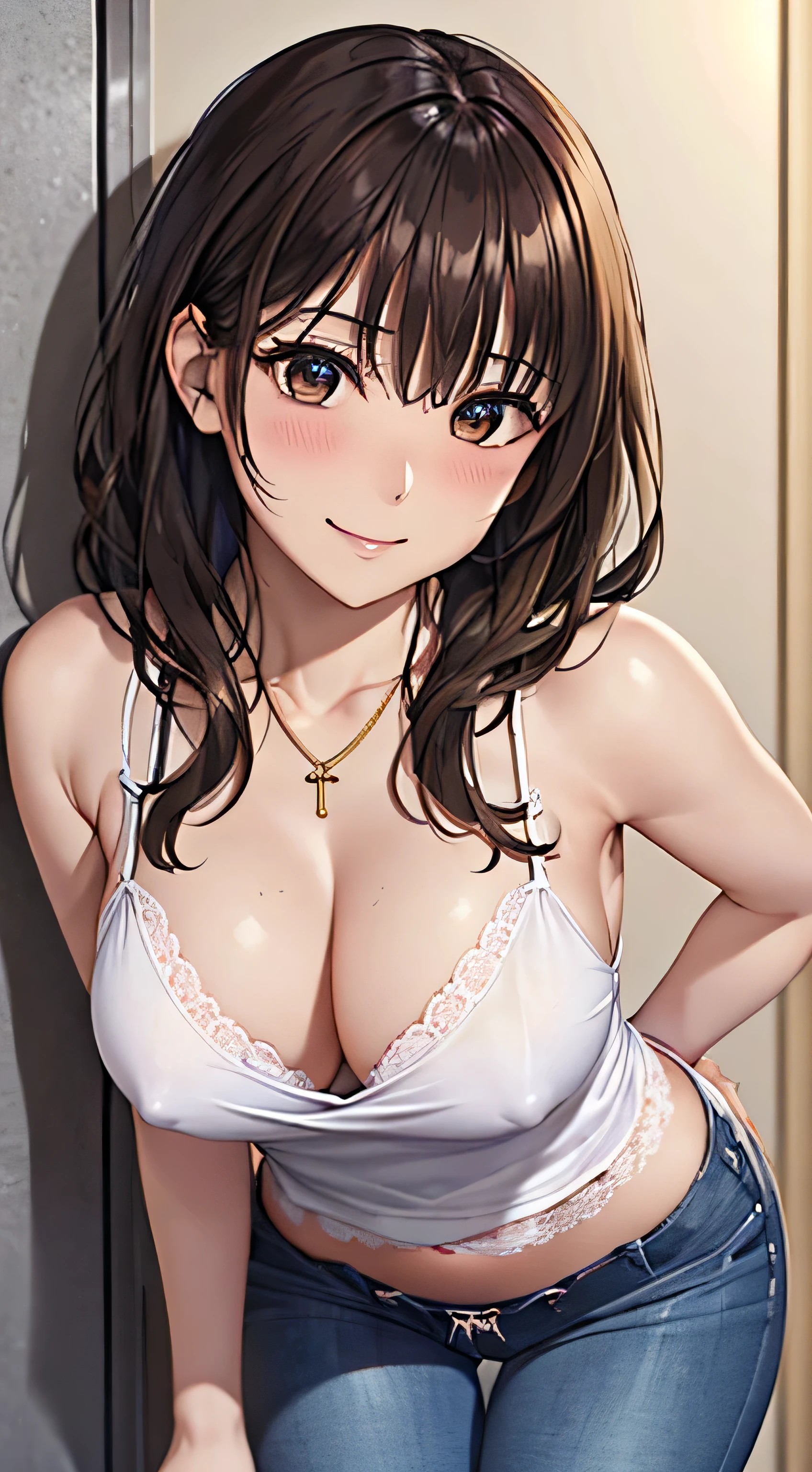 ((Tabletop, Highest quality, High resolution, , Pixel Perfect, 4K,))), 1 female, 、The whole body is visible、 ((Long Wavy Hair, bangs, Brown Hair)), ((Brown eyes, Beautiful eyelashes, Realistic eyes)), ((Detailed face, Blushing:1.2)), ((Smooth texture:0.75, Realistic texture:0.65, Realistic:1.1, Anime CG Style)), Medium sized breasts, Dynamic Angle, Perfect body, (( , , White camisole、No bra、、 Tight jeans pants、Take off your pants below your knees、Panties are visible、I can see her lacy white panties、、)), Gold Hair Ornament、Cross Necklace、、Very embarrassing panic smile, 、、、、、Leaning forward、Nipples are slightly visible、、、Place both hands on the wall and stretch your arms out、Stick your butt out、Luxury apartment kitchen、、、、、、 、)、