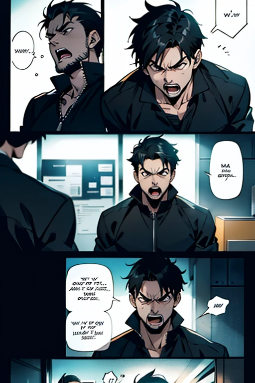 Guy with short black hair angry and yelling, manga page with panels and dialogue