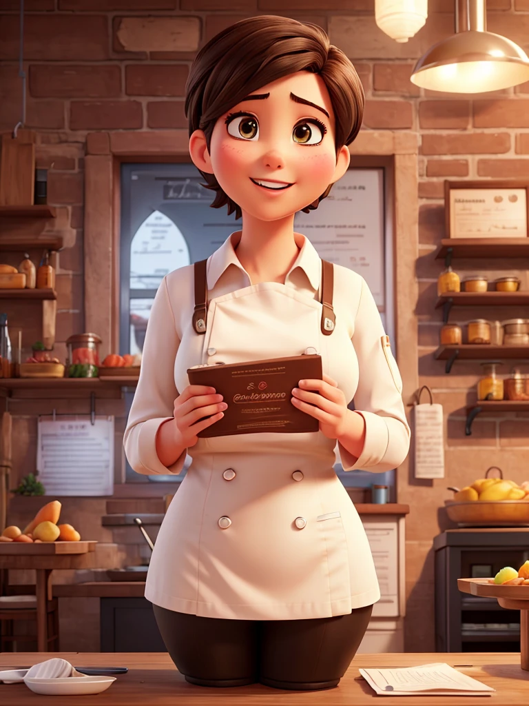 Stunning and hyper-realistic images showcase the menu design "And he said", The main focus is on a cheerful plump woman with short hair, combed neatly, wearing a chef&#39;s hat, give a thumbs up and make very realistic fun movements. ((Paket ini berisi mangkuk plastik transparan yang diisi dengan My ayam lezat. Chicken noodles contain small pieces of cooked meat. At the bottom you can see the vegetables, My, tomato slices, omelette. Each bowl is decorated with celery leaves. The bowl is placed on a white tray. The overall presentation should be lively and visually appealing)). The backdrop is a cozy kitchen with soft lighting, featuring fine kitchen equipment. The overall art style is bright, detailed and realistic, displays packaging and food with striking product textures.
