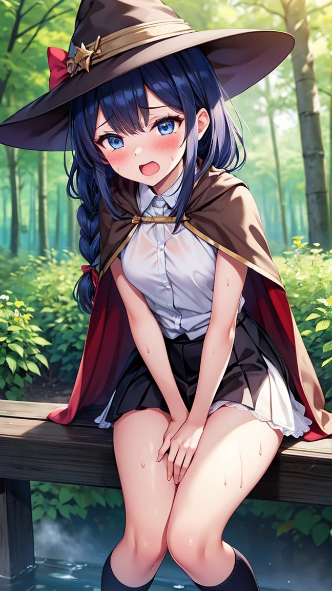 best quality,1girl,small breasts,((loli,little girl)),((orgasm,blush:1.3)),sweat,(roxy migurdia), blue eyes, blue hair, bangs, brown cape, witch hat, braid,mini skirt,lift skirt,upskirt,kneehighs,white panties,lace panties,forest,forest林,see through,crotchAngle,head out of frame,lower body,((have to pee:1.3)),covering crotch,(((hand between legs))),knees together feet apart,steam,leg wet
