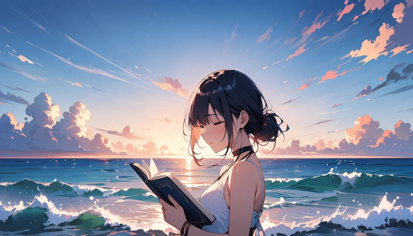 (masterpiece, Highest quality:1.2), 1 Girl, alone,Eyes open,I have a book,Tropical atmosphere,Ocean