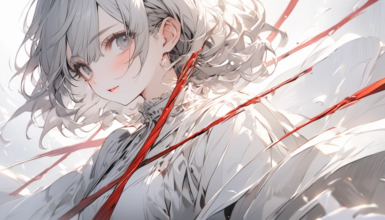 top-quality、Top image quality、tmasterpiece、girl vs.......((18yr old、White dress、best bust、Bust 85、A white-haired woman、Long gray hair、grey-eyed、red string，Black nails，we open our hearts、Happy、return blood)）high high quality、visual art、Background with((Black and white world))、Kurosawa film style