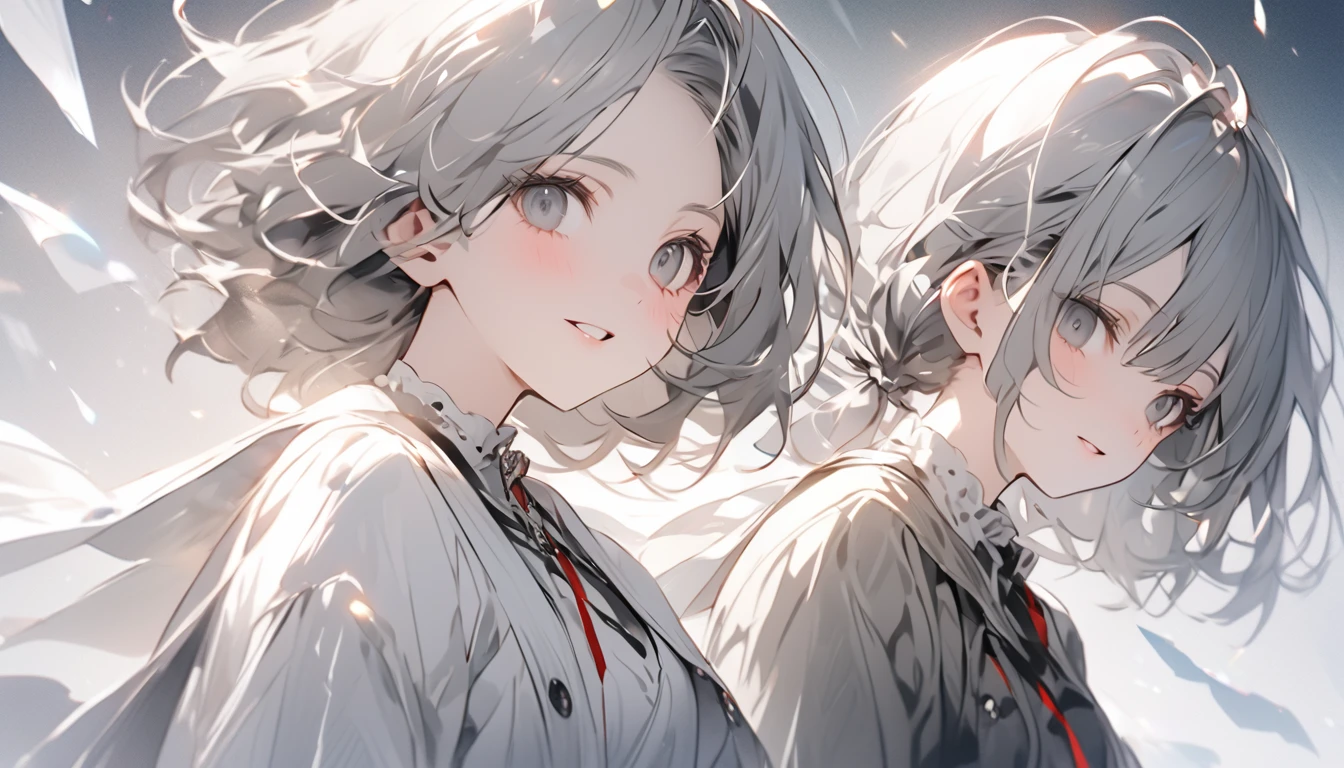 top-quality、Top image quality、tmasterpiece、girl vs.......((18yr old、White dress、best bust、Bust 85、A white-haired woman、Long gray hair、grey-eyed、red string,Black nails,we open our hearts、Happy、return blood))high high quality、visual art、Background with((Black and white world))、Kurosawa film style