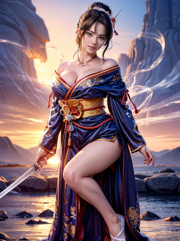 (RAW shooting, Photoreal:1.5, 8k, highest quality, masterpiece, ultra high resolution), Sengoku, Japanese architecture in the background collapses:1.3, いたるところで燃え上がる戦fire:1.3, perfect dynamic composition:1.2, Highly detailed skin and facial textures:1.2, Slim female samurai with a sharp Japanese sword:1.3, Fight:1.2, beautiful and aesthetic, cute and sexy beauty, perfect style:1.2, wear elaborate rings, fire, water, Wind, thunder, ice, Fair skin, very beautiful face, (Medium chest, Chest gap), (embarrassing smile, The expression on your face when you feel intense caress, Facial expression when feeling pleasure), (Wearing a sexy Sengoku uniform:1.2, off shoulder), (beautiful blue eyes, Eyes that feel beautiful eros:0.8), (Too erotic:0.9, Bewitching:0.9), full body shot
