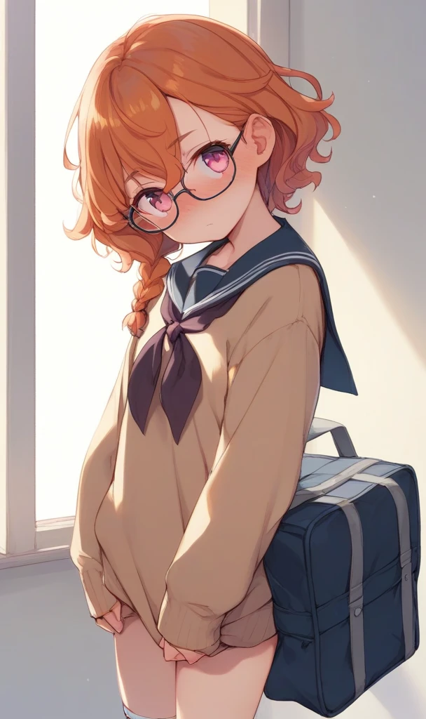 score_9, score_8_up, score_7_up, 1girl, glasses ,  , flat chest , pink eyes, - orange hair, medium hair , braided ponytail, wavy hair , hair between eyes, sideburns , NSFW staring, nose blush , head_tilt standing , From Front, serafuku , navy  long sleeve, sweater , slouch socks, lowfwes , navy school bag