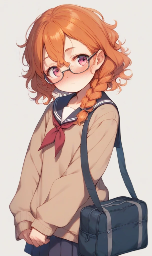 score_9, score_8_up, score_7_up, 1girl, glasses ,  , flat chest , pink eyes, - orange hair, medium hair , braided ponytail, wavy hair , hair between eyes, sideburns , NSFW staring, nose blush , head_tilt standing , From Front, serafuku , navy  long sleeve, sweater , slouch socks, lowfwes , navy school bag