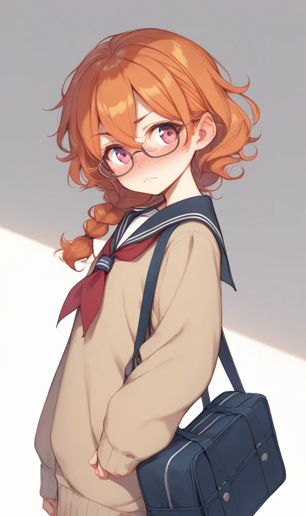 score_9, score_8_up, score_7_up, 1girl, glasses , , flat chest , pink eyes, - orange hair, medium hair , braided ponytail, wavy hair , hair between eyes, sideburns , NSFW staring, nose blush , head_tilt standing , From Front, serafuku , navy long sleeve, sweater , slouch socks, lowfwes , navy school bag