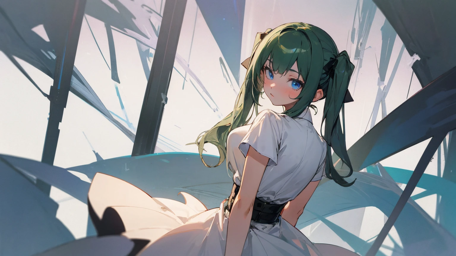 The innocence, dark green hair, twintails, arms behind back, white dress, black waist tie, a girl,blue eyes,