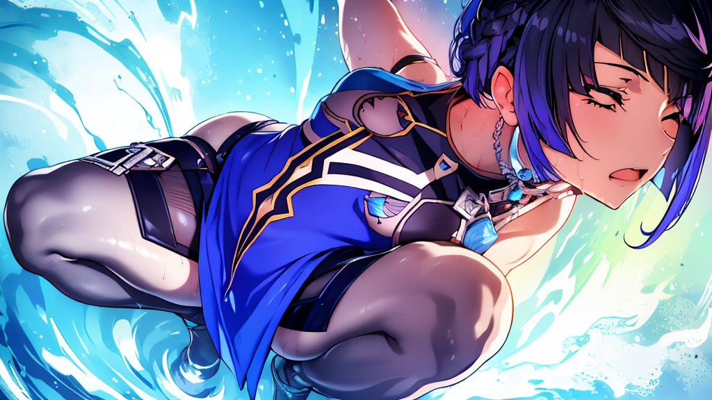 ((Very detailed)), Genshin Impact ((Yeran)), Soft lighting, Perfect human hand,Woman in a relaxed pose)) , Perfect body curves, Tabletop, 4K, Center chest detail, Perfect Face, (20-year-old) , Fits your body type, ゴージャスなPerfect Face, Open your mouth, Realistic style and ultra-detailed rendering, Surrealism, Ultra-realistic oil, Contour Shadow Process Body Portrait)), Sweaty,Spread your legs,Spread your legs,sit in a squatting position,Water flows between my legs,soaked through,puddle,Water springs up,close your eyes,Accept,Vigorous gushing water,The face of someone who has reached the limit of his patience,Drooling,Sensual face