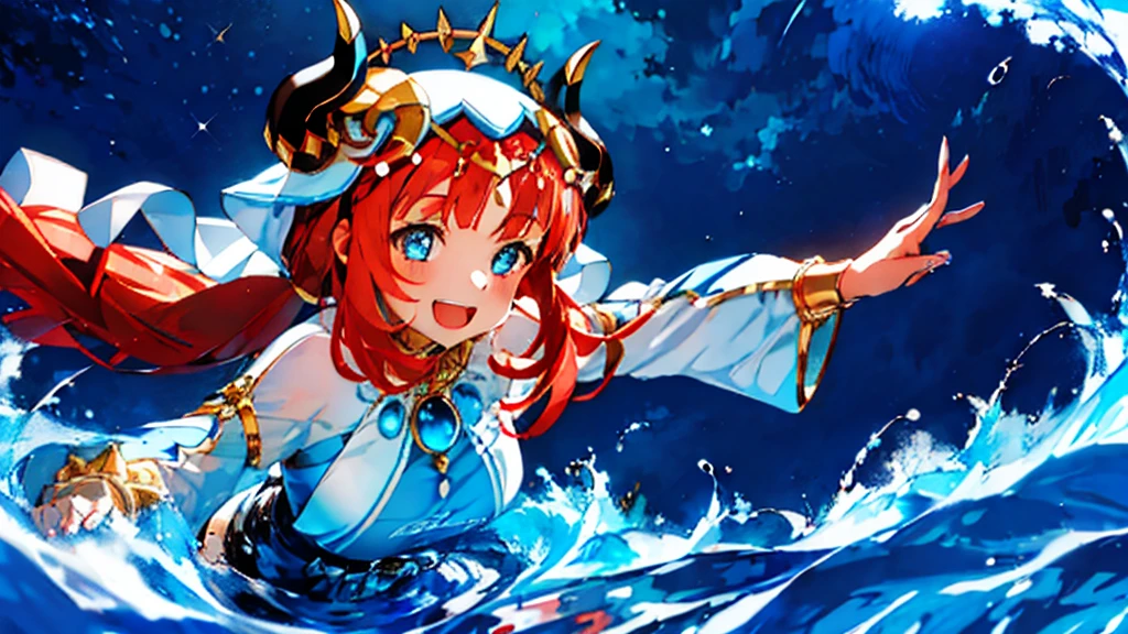 Extremely detailed representation，high quality，16K、8K、high resolution、masterpiece、1 Girl、Please open your mouth wide、Please laugh out loud、Beautiful Teeth,Look up at the starry sky,Floating on the surface of the water,Floating on water,stars shining on the water surface,Calm water surface,White Dress,Redhead,Two black horns