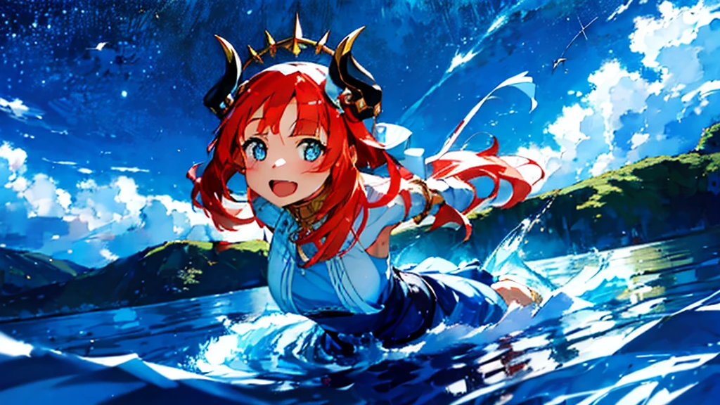 Extremely detailed representation，high quality，16K、8K、high resolution、masterpiece、1 Girl、Please open your mouth wide、Please laugh out loud、Beautiful Teeth,Look up at the starry sky,Floating on the surface of the water,Floating on water,stars shining on the water surface,Calm water surface,White Dress,Redhead,Two black horns