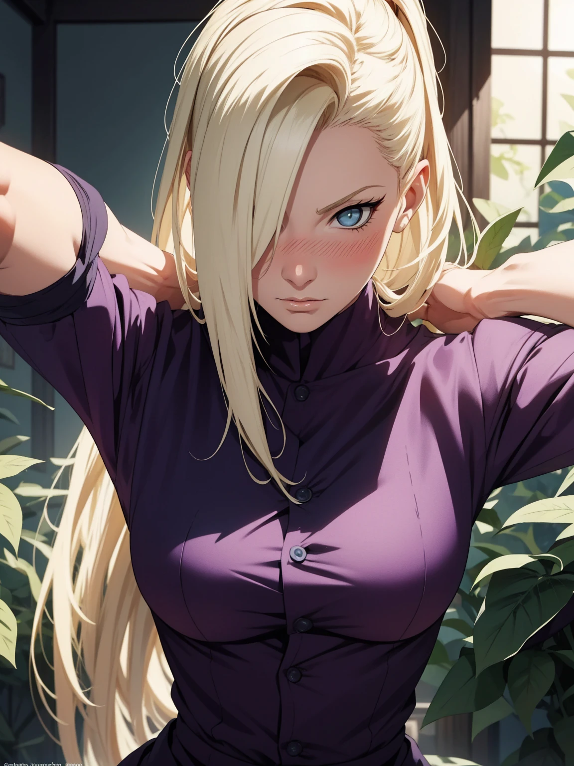 {-erro_de_anatomia:1.0} estilo anime, Masterpiece, absurdities, Yamanaka Ino\(Naruto\), 1girl Solo, woman, Perfect composition, Detailed lips, Beautiful face, body proportion, Blush, Long blonde hair, blue eyes, purple blouse, purple pant, Soft gauze, Super realistic, Detailed, photo shoot, Realistic faces and bodies, masterpiece, best quality, best illustration, hyper detailed, 1 woman, solo, glamorous, blushing, upper body, fighting, on nature, look at the view, dimanic poses,