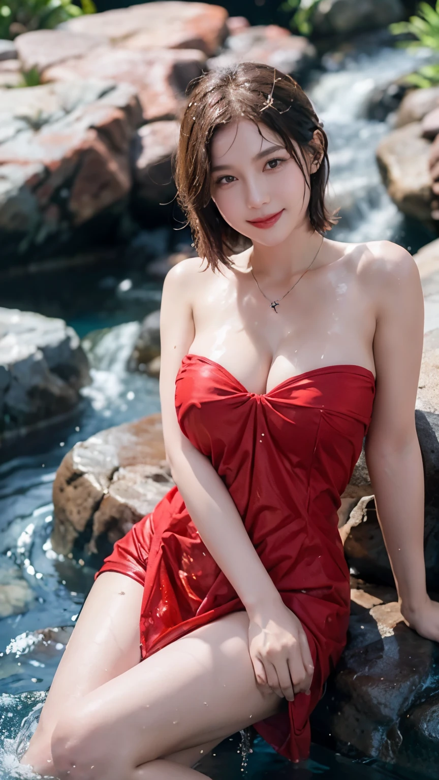 beautiful girl, wearing a thin red dress, wet skin, soaking in a pool surrounded by rocks, short hair, wearing a necklace, big breasts, visible cleavage, sweet smile, very beautiful, realistic, realistic, best quality, 8k, masterpiece, high resolution , texture details