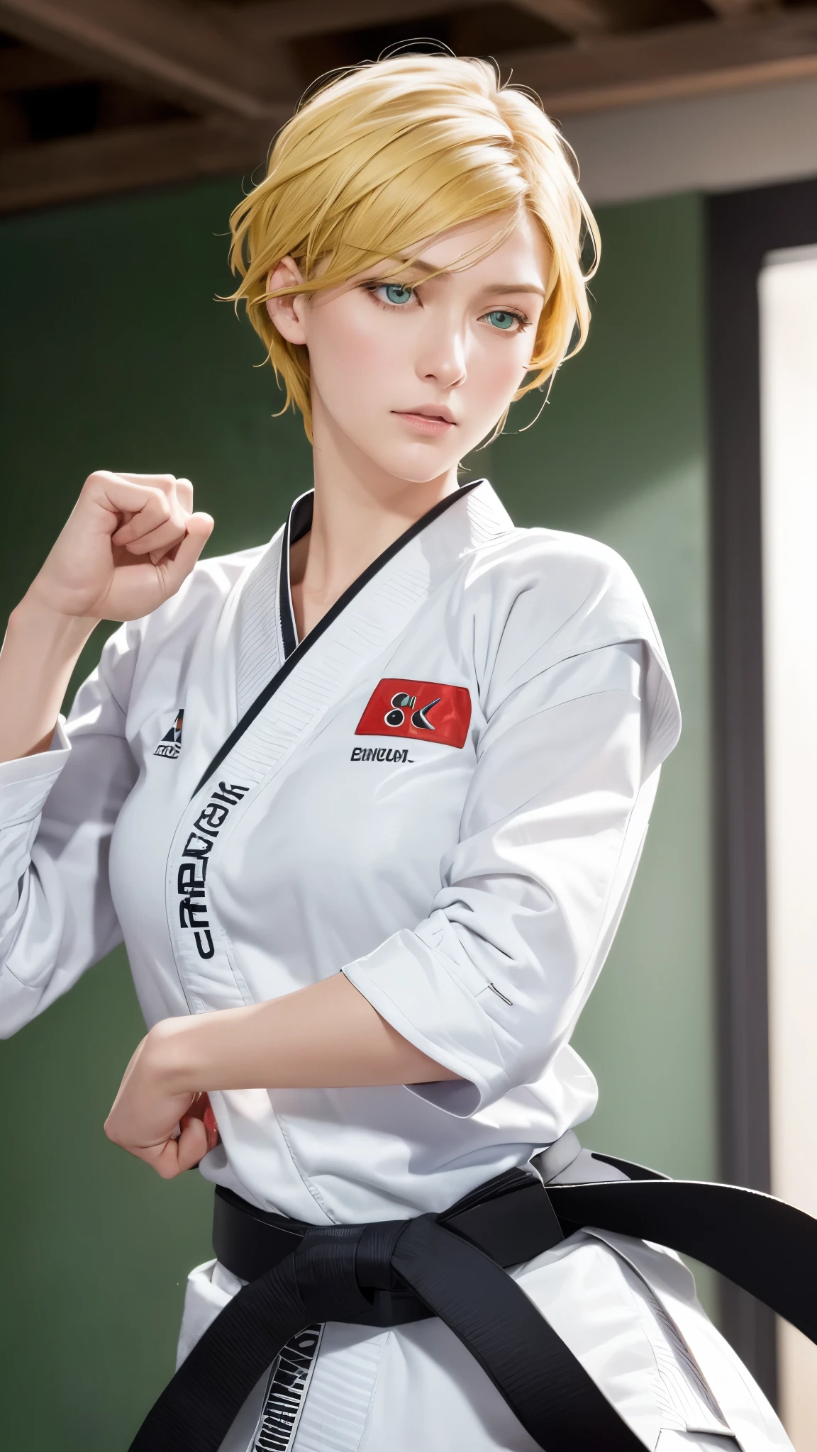 ((((masterpiece, best quality, high resolution)))), Extremely detailed 8K, 1 female, wearing a black Karate gi, (Ultra HD, Ultra-detailed, Highly detailed, Highly realistic, Ultra-realistic, photograph realistic), (1girl:1.5), (Realistic yellow hair), (dynamic poses), facing at camera, looking at viewer, (slightly serious face), (green eyes, sharp eyes), (perky breasts:1.2), (beautiful detailed face, beautiful detailed eyes), ((worn out karate gi)), (preparing for a fight), sweat, glow, (sunbeam, sunlight), ((cowboy shot)), inside a training gym, seductive, EnvyBetterHands LoCon,
