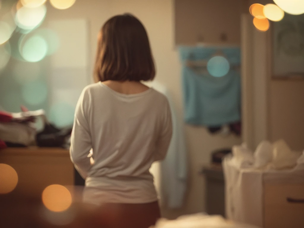 Voyeur , (old color negative film) , (soft focus) , (Bokeh:1.5) , woman , woman's messy room , (Activities of daily living) , underwear , looking away , cooking