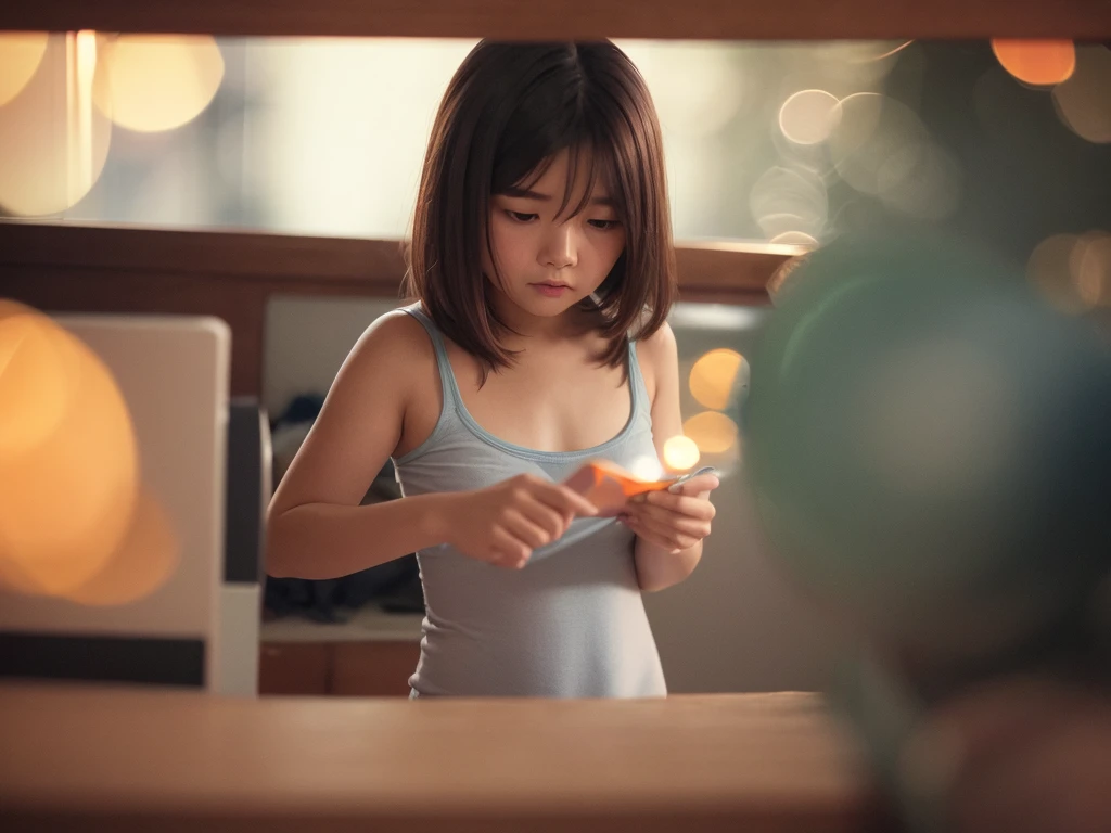 Voyeur , (old color negative film) , (soft focus) , (Bokeh:1.5) , woman , woman's messy room , (Activities of daily living) , underwear , looking away , cooking