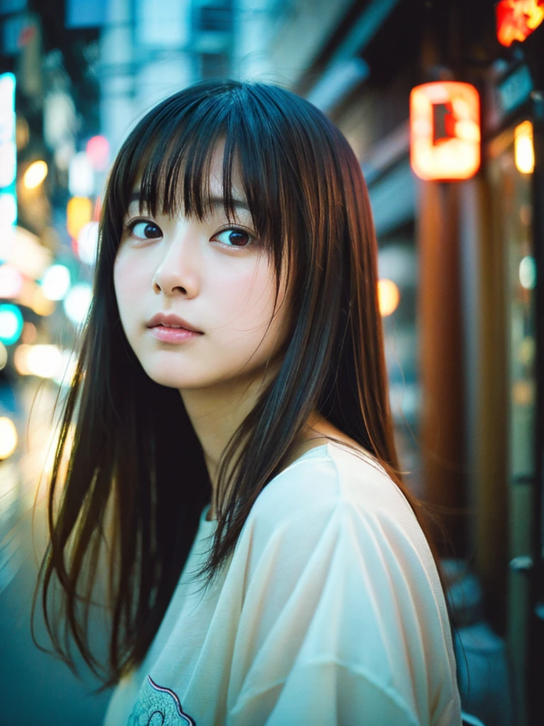 Japanese beautiful girl, Embarrassed look, figure, (Highest quality, Super detailed), front、Gentle lighting, Flowing Hair,one piece、 Delicate features, Dreamy atmosphere、Analog Film Photography、20-year-old、80'、Cyberpunk-style lo-fi animation、