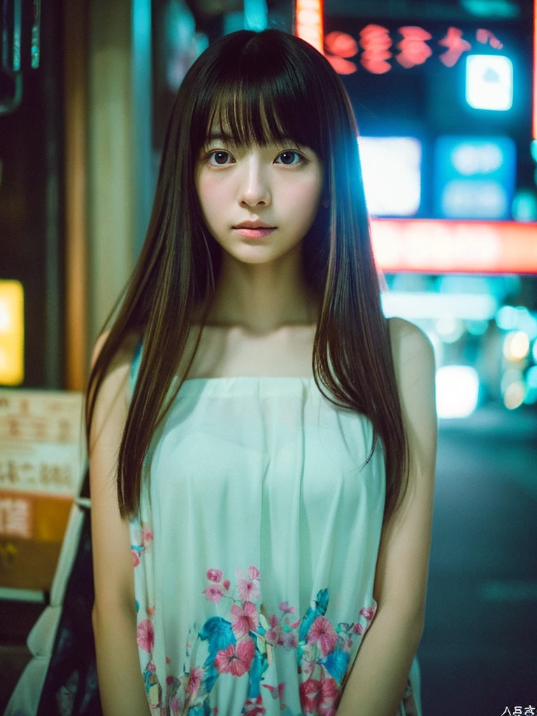 Japanese beautiful girl, Embarrassed look, figure, (Highest quality, Super detailed), front、Gentle lighting, Flowing Hair,one piece、 Delicate features, Dreamy atmosphere、Analog Film Photography、20-year-old、80'、Cyberpunk-style lo-fi animation、