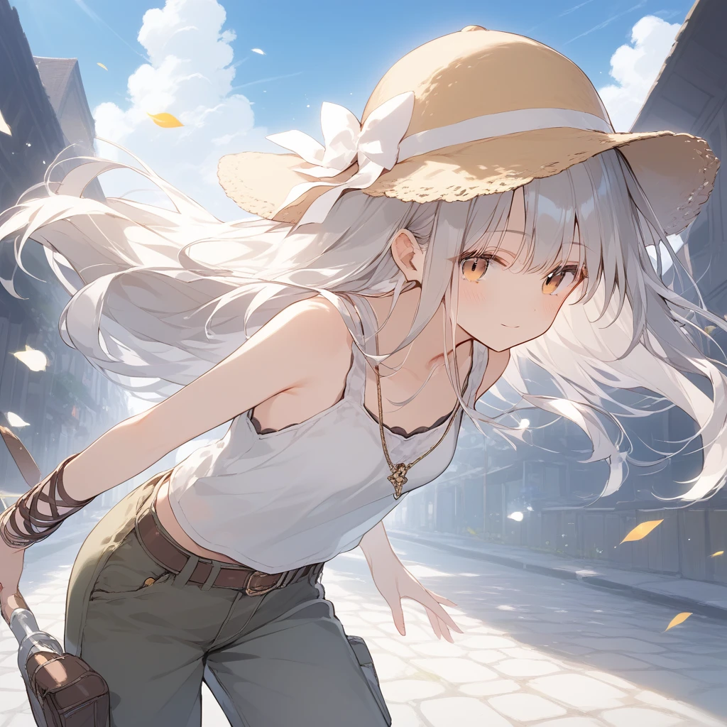 score_9, score_8_up, score_7_up, source_anime, best quality, masterpiece, official art, absurdres, highres, ultra-detailed,waifu2x,Collection: Slice of Life,break,1girl,fantasy world, small breasts, hat, tank top, cargo pants, outdoors, wind, break,(clear line illustration:1.2),very high resolution, very aesthetic, super detailed skin, Best sexual lighting powered by famous artist, 8k,cute picture,beauty illustration,photoshop_(medium),,(Detailed Lighting),best anime 8k konachan wallpaper, pixiv contest winner,