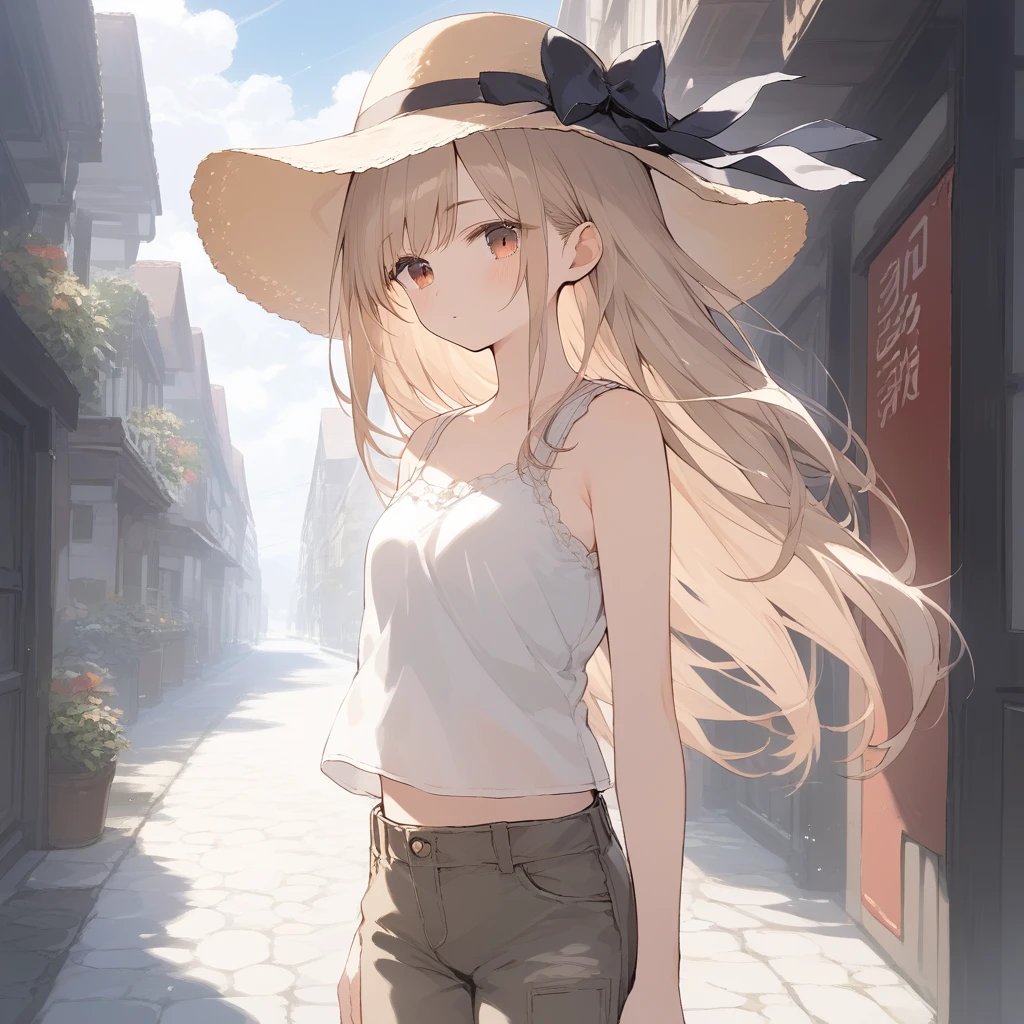 score_9, score_8_up, score_7_up, source_anime, best quality, masterpiece, official art, absurdres, highres, ultra-detailed,waifu2x,Collection: Slice of Life,break,1girl,fantasy world, small breasts, hat, tank top, cargo pants, outdoors, wind, break,(clear line illustration:1.2),very high resolution, very aesthetic, super detailed skin, Best sexual lighting powered by famous artist, 8k,cute picture,beauty illustration,photoshop_(medium),,(Detailed Lighting),best anime 8k konachan wallpaper, pixiv contest winner,
