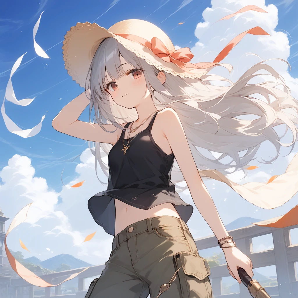 score_9, score_8_up, score_7_up, source_anime, best quality, masterpiece, official art, absurdres, highres, ultra-detailed,waifu2x,Collection: Slice of Life,break,1girl,fantasy world, small breasts, hat, tank top, cargo pants, outdoors, wind, break,(clear line illustration:1.2),very high resolution, very aesthetic, super detailed skin, Best sexual lighting powered by famous artist, 8k,cute picture,beauty illustration,photoshop_(medium),,(Detailed Lighting),best anime 8k konachan wallpaper, pixiv contest winner, 