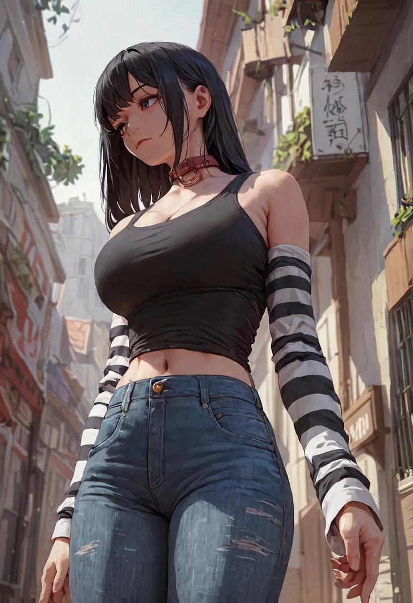score_9, score_8_up, score_7_up, score_6_up, score_5_up, score_4_up, score_9, 1 girl, egirl, e girl, black shirt with white striped sleeves, black pants, black hair, bangs and long sides, collar, big breasts, view from below, outdoors,