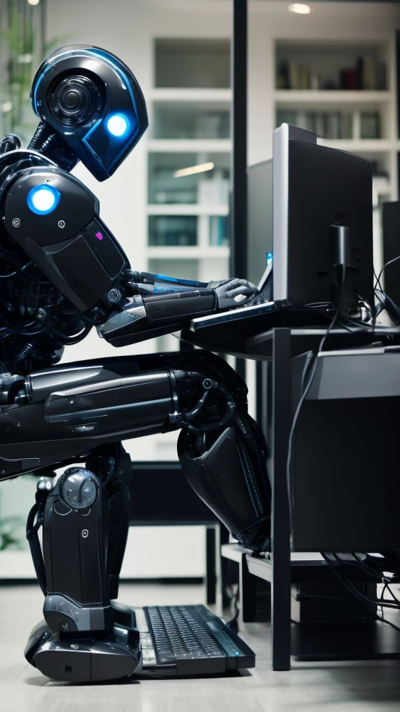 Black robot sitting on the floor typing on a computer looking at the computer screen