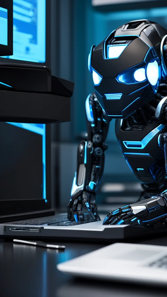 Black robot sitting on the floor typing on a computer looking at the computer screen 