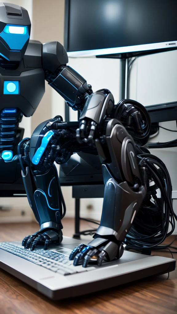 Black robot sitting on the floor typing on a computer looking at the computer screen