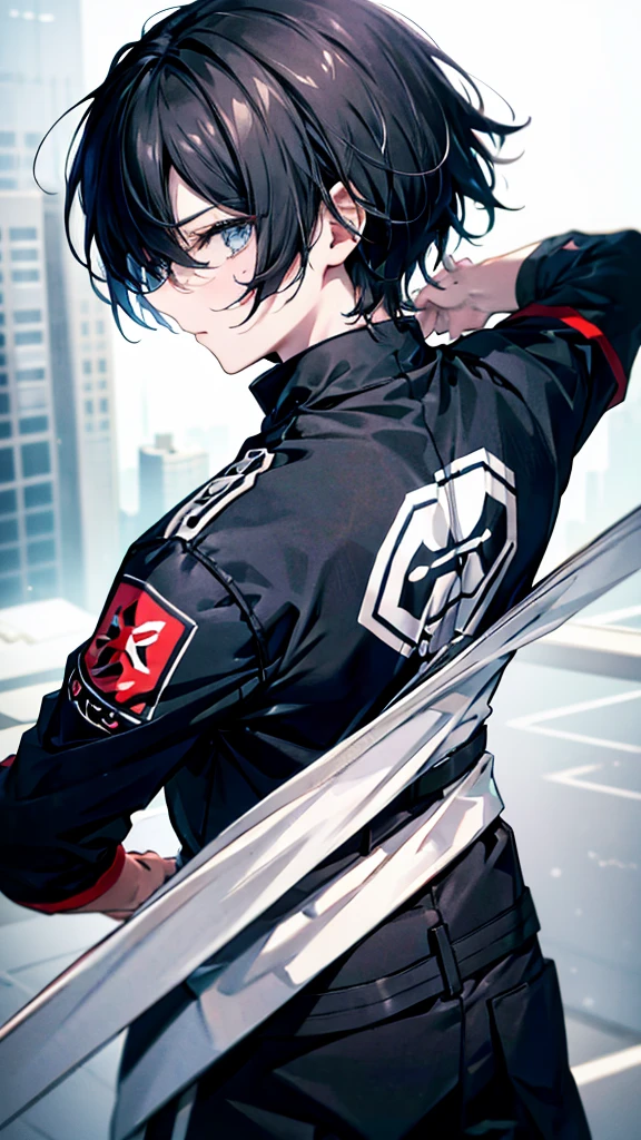 profile background, anime boy, serious face, black hair, grey eyes, martial arts clothing, high-res portrait, detailed eyes and face, character, fantasy, advanced urban, looking from behind at viewer, 4K, high resolution