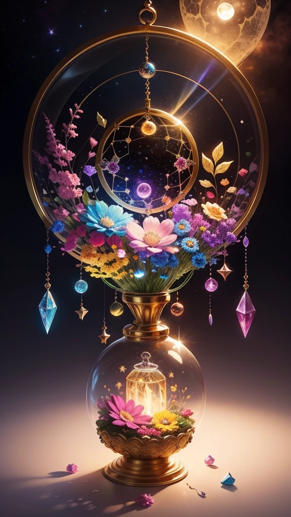 Colorful crystal flowers, magic, dream catcher, universe , space, floating, moonlight, magic kanote gold  crystal pot,