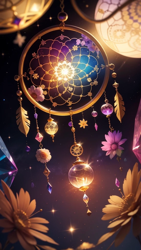 Colorful crystal flowers, magic, dream catcher, universe , space, floating, moonlight, magic kanote gold crystal pot,