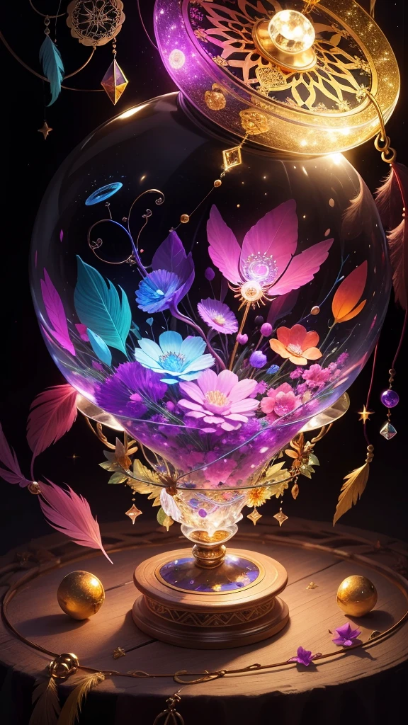 Colorful crystal flowers, magic, dream catcher, universe , space, floating, moonlight, magic kanote gold  crystal pot,