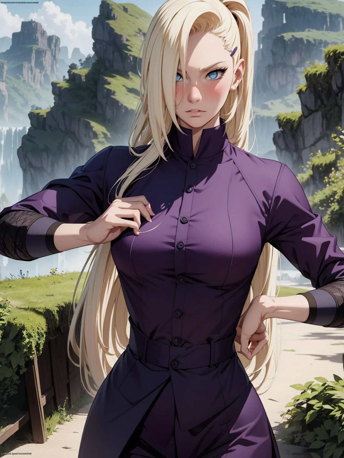 {-erro_de_anatomia:1.0} estilo anime, Masterpiece, absurdities, Yamanaka Ino\(Naruto\), 1girl Solo, woman, Perfect composition, Detailed lips, Beautiful face, body proportion, Blush, Long blonde hair, blue eyes, purple blouse, purple pant, Soft gauze, Super realistic, Detailed, photo shoot, Realistic faces and bodies, masterpiece, best quality, best illustration, hyper detailed, 1 woman, solo, glamorous, blushing, upper body, fighting, on nature, look at the view, dimanic poses,