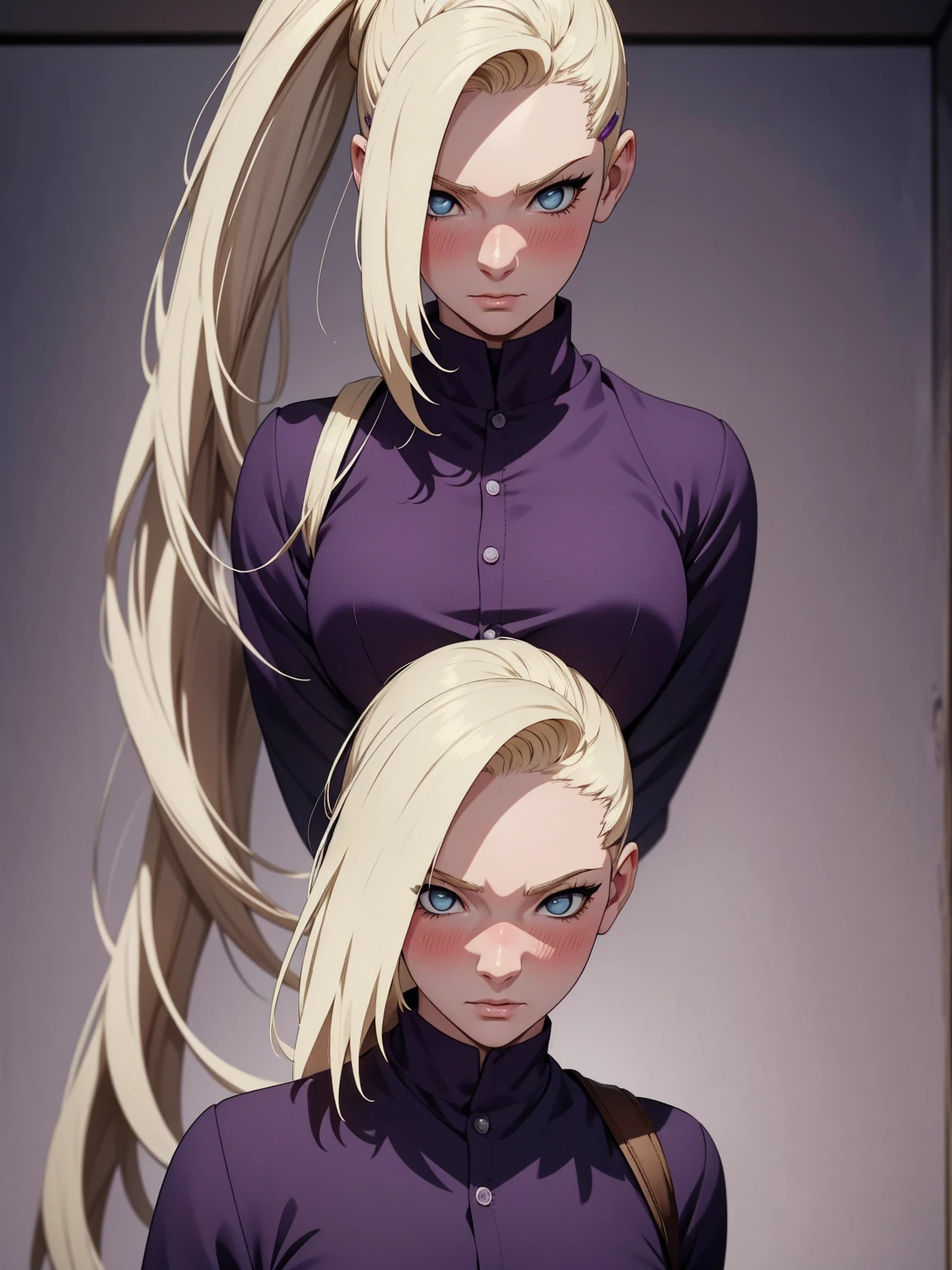 {-erro_de_anatomia:1.0} estilo anime, Masterpiece, absurdities, Yamanaka Ino\(Naruto\), 1girl Solo, woman, Perfect composition, Detailed lips, Beautiful face, body proportion, Blush, Long blonde hair, blue eyes, purple blouse, purple pant, Soft gauze, Super realistic, Detailed, photo shoot, Realistic faces and bodies, masterpiece, best quality, best illustration, hyper detailed, 1 woman, solo, glamorous, blushing, upper body, fighting, on nature, look at the view, dimanic poses,