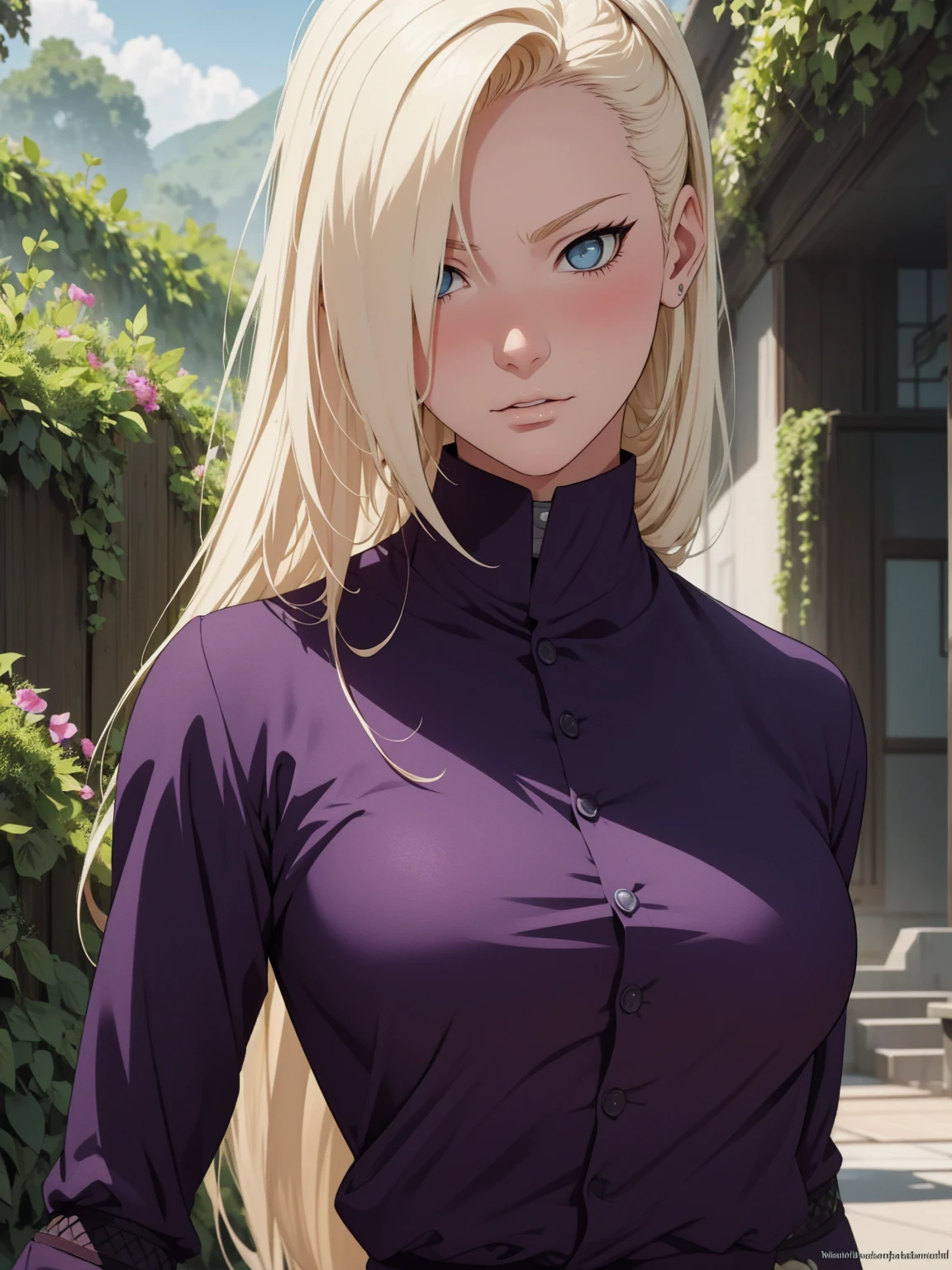 {-erro_de_anatomia:1.0} estilo anime, Masterpiece, absurdities, Yamanaka Ino\(Naruto\), 1girl Solo, woman, Perfect composition, Detailed lips, Beautiful face, body proportion, Blush, Long blonde hair, blue eyes, purple blouse, purple pant, Soft gauze, Super realistic, Detailed, photo shoot, Realistic faces and bodies, masterpiece, best quality, best illustration, hyper detailed, 1 woman, solo, glamorous, blushing, upper body, fighting, on nature, look at the view, dimanic poses,