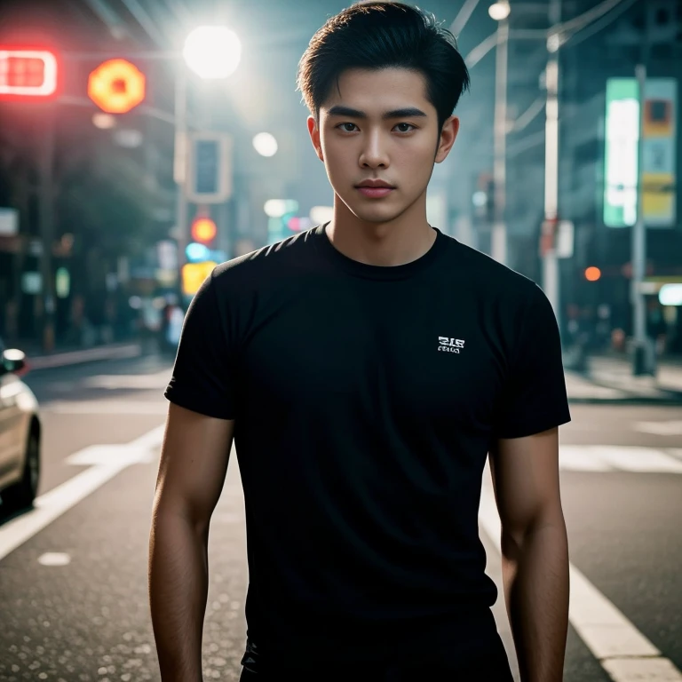 Close-up of a Southeast Asian man with a round face., black eyes, staring at the viewer, morning sun, ((face details)), Double eyelids, realistic, Masterpiece, Highest quality, lens flare, shade, [[Chromatic aberration, digital painting, 8K, 45,000,000,000 pixels,, t-shirt, long hair,black eyes,abdominal muscles, The body is beautiful and strong., Curved chest, (digital painting, HDR, high contrast