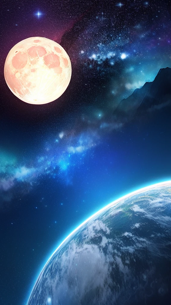 ((((Super Illustration Style:1.0)))),Highest quality,Best Anime,masterpiece,Ray Tracing, Global Illumination,Blue Theme, scenery, No humans, null, star (null), night, moon, night null, Outdoor, starry null, Mountain, full moon, horizon