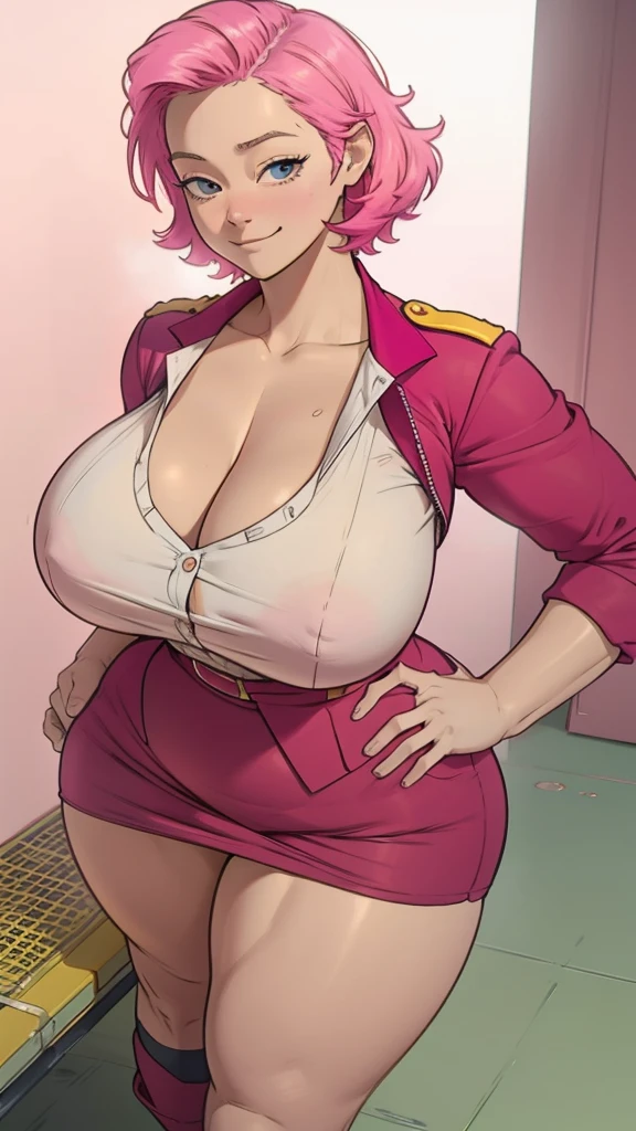 Highly detailed, 1 girl, pink-pearl colored hair, detailed lemon-colored eyes, happy expression, busty, gorgeous chunky body, military's uniform cleavage, hands on hip