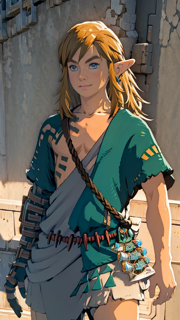botw、Link、Subjective、looking at the camera、Plainale、Hyrule Soldier、Masterpiece、Highest quality、male体型、Flowing Hair、smile、Simple Background、Model pose